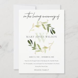 SUBTLE GOLD GREEN FOLIAGE WREATH SYMPATHY MEMORIAL THANK YOU CARD