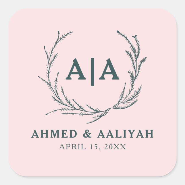 Subtle Grace Blush & Slate Grey Islamic Wedding Square Sticker (Front)