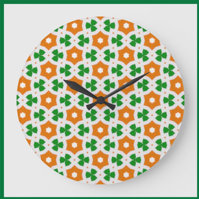 Subtle Irish Orange and Green Geometric Shamrock Large Clock (Creator Uploaded)