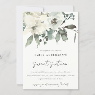 SUBTLE IVORY WHITE FLORAL BUNCH SWEET 16 BIRTHDAY INVITATION