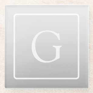 Subtle Light Grey Gradient Surname Monogram Glass Coaster