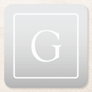 Subtle Light Grey Gradient Surname Monogram Square Paper Coaster