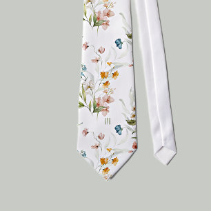 Subtle Monogram Colourful Floral on White Necktie