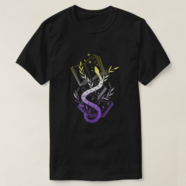 Subtle Nonbinary Pride LGBTQ Enby Snake Books Moon T-Shirt (Design Front)
