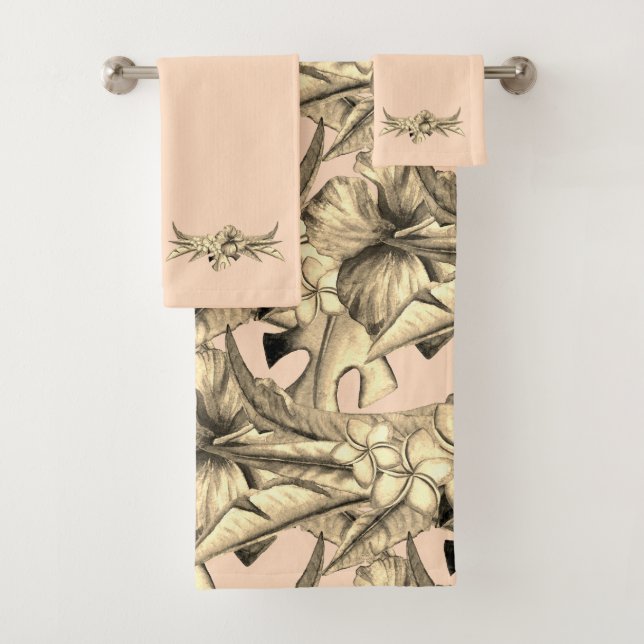 Subtle Peach And Tan Floral Design  Bath Towel Set (Insitu)