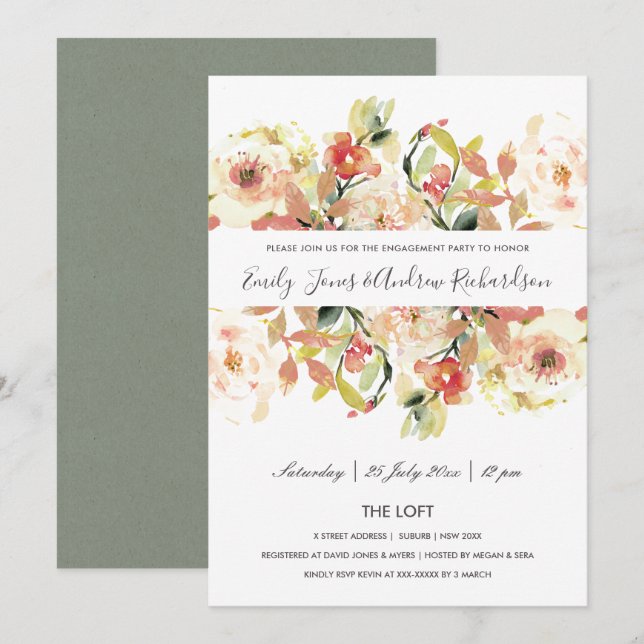 SUBTLE PEACH PINK WATERCOLOR FLORAL ENGAGEMENT INVITATION (Front/Back)
