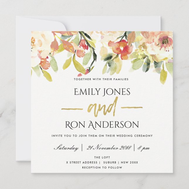 SUBTLE PEACH PINK WATERCOLOR FLORAL WEDDING INVITATION (Front)