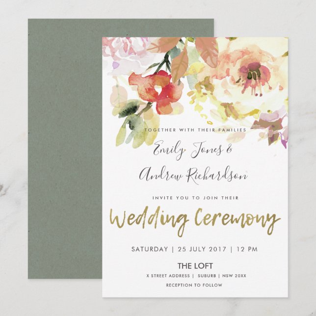 SUBTLE PEACH PINK WATERCOLOR FLORAL WEDDING INVITATION (Front/Back)