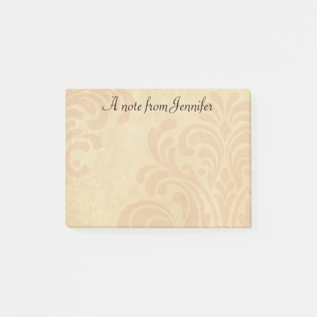 Subtle Pink and Beige Damask with Custom Name Post-it Notes (Front)