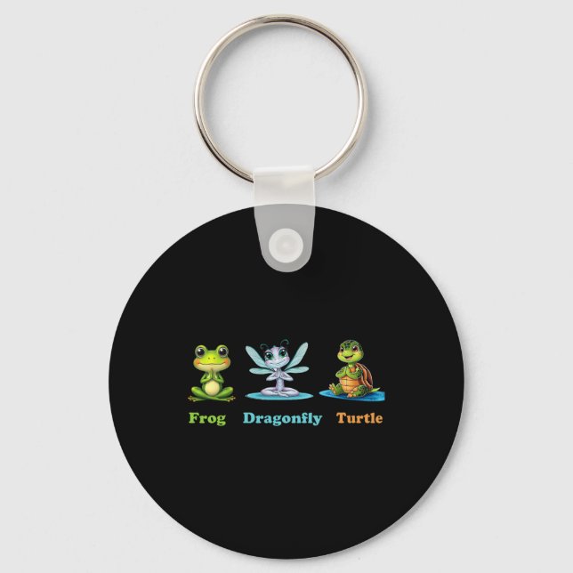 Subtle Political Humour Frog Dragonfly Turtle Yoga Keychain (Front)