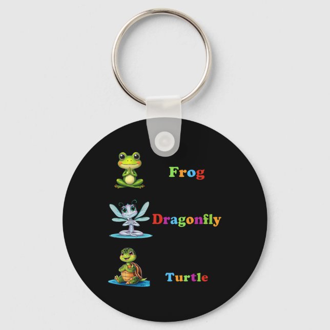 Subtle Political Humour Frog Dragonfly Turtle Yoga Keychain (Front)