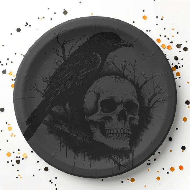 Subtle skull and crow black grey Halloween Paper Plate (Subtle skull and crow black gray Halloween Paper Plates)