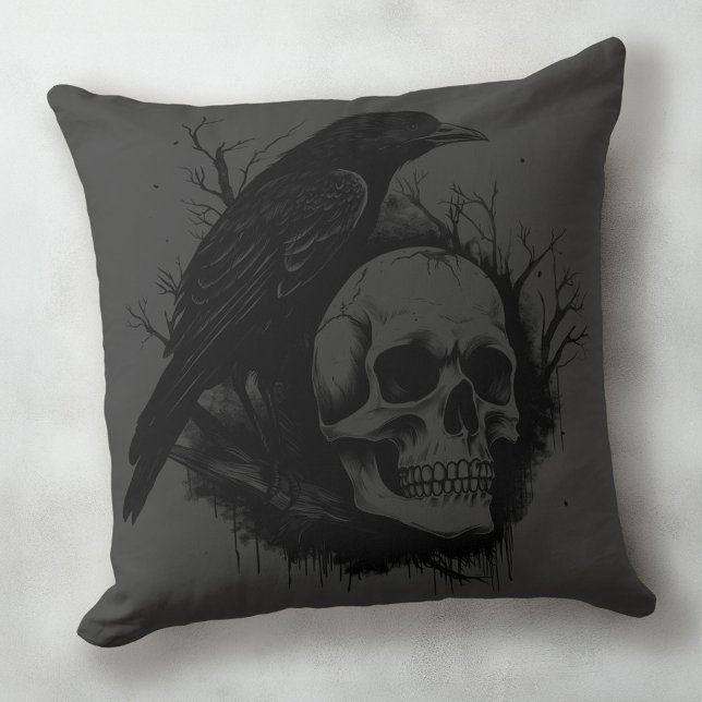 Subtle skull and crow black grey Halloween Throw Pillow (Subtle skull and crow black gray Halloween Throw Pillow)