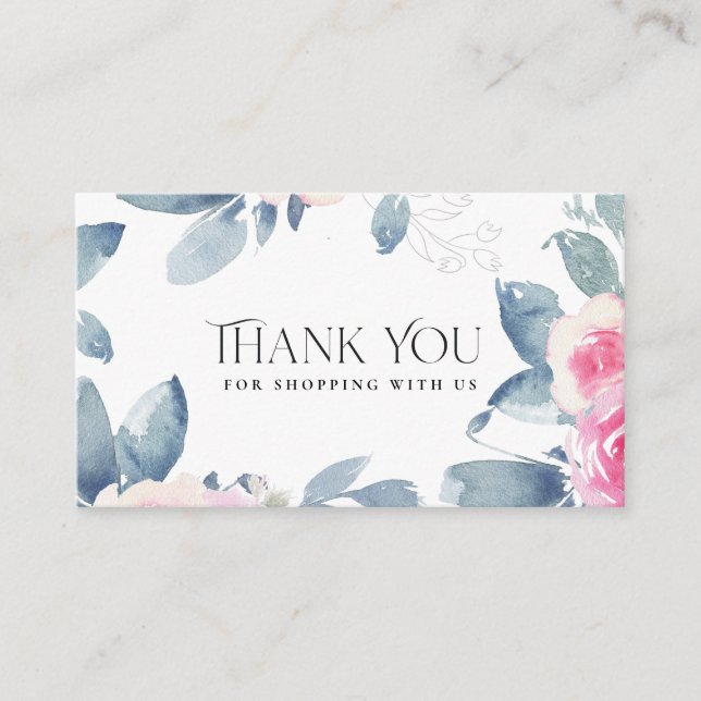 SUBTLE SOFT BLUSH BLUE FLORAL BUSINESS THANK YOU BUSINESS CARD (Front)