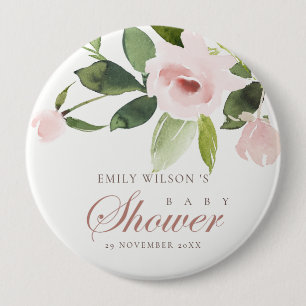 SUBTLE SOFT BLUSH PINK ROSE FLORAL BABY SHOWER 4 INCH ROUND BUTTON