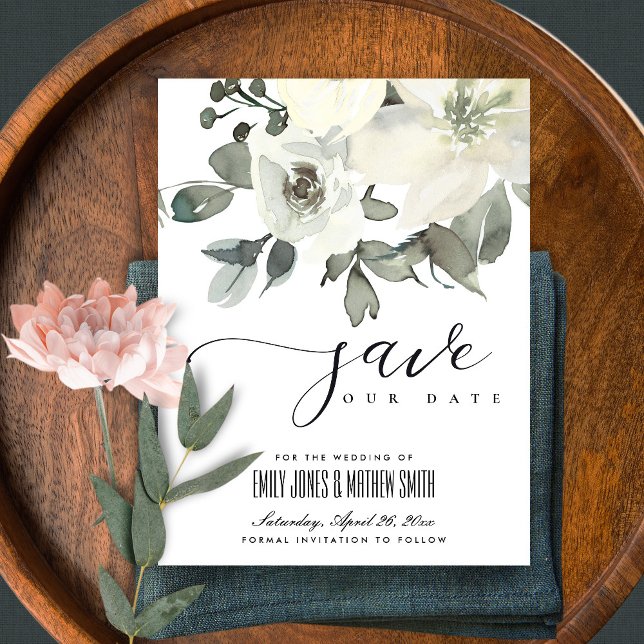 SUBTLE SOFT IVORY WHITE FLORAL BUNCH SAVE THE DATE ANNOUNCEMENT POSTCARD (Creator Uploaded)