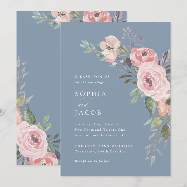 Subtle Watercolor Roses | Dusty Blue Wedding Invitation (Front/Back)