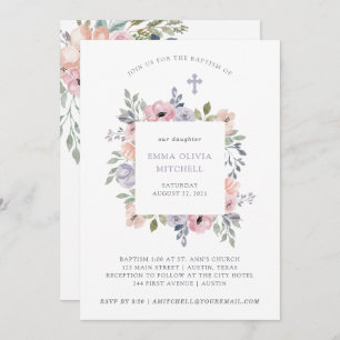 Subtle Watercolor Roses with Cross Baptism Invitation