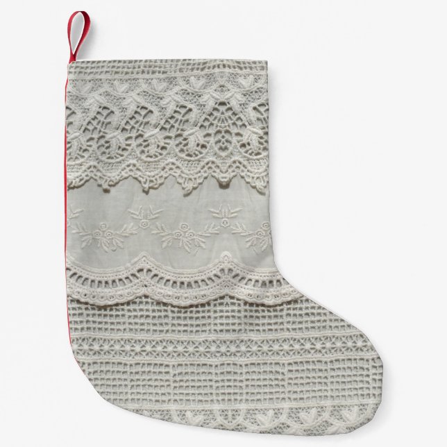 Subtle white lace, textile close-up. small christmas stocking (Front)