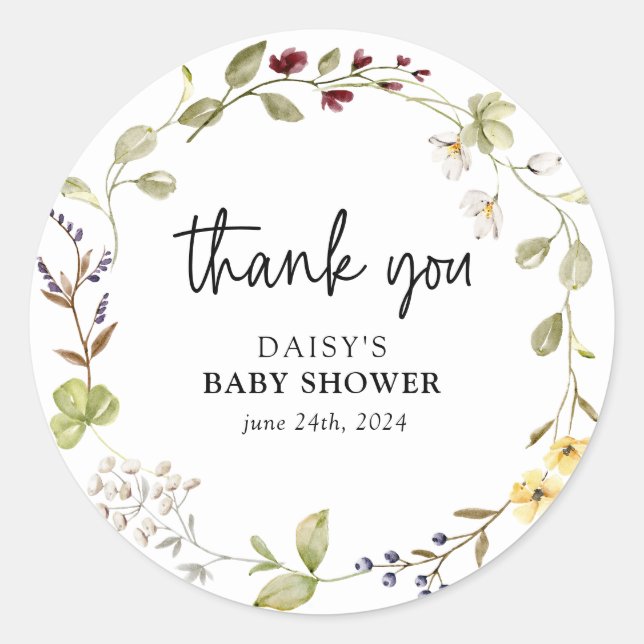 Subtle Wildflower Wreath Baby Shower Classic Round Sticker (Front)