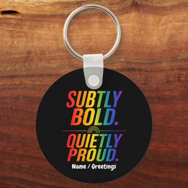 Subtly Bold Quietly Proud Rainbow Typography Minim Keychain (Front)