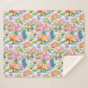 Suburban Toile Colourful Tree Lined Village Scene Sherpa Blanket