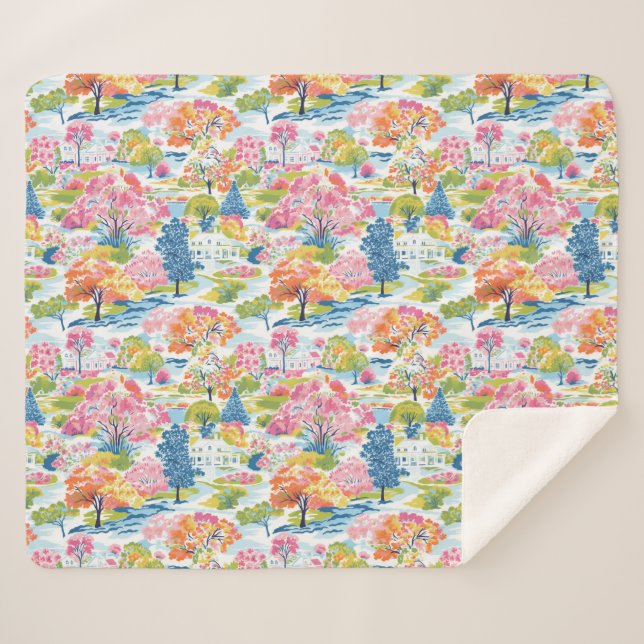 Suburban Toile Colourful Tree Lined Village Scene Sherpa Blanket (Front (Horizontal))