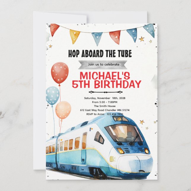 Subway metro train birthday invitation (Devant)