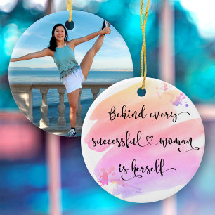 Successful Woman, Pink Watercolor Typography Photo Ceramic Ornament