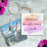 Successful Woman Pink Watercolor Typography Photo Keychain<br><div class="desc">“Behind every successful woman is herself.” So who needs Prince Charming? Make your own “happily ever after” and embrace “girl power” whenever you use this stylish, colourful inspirational feminist acrylic keychain with sweet black handwritten script typography overlaying a yellow, peach, pink and purple ombre watercolor splash and your special photo...</div>