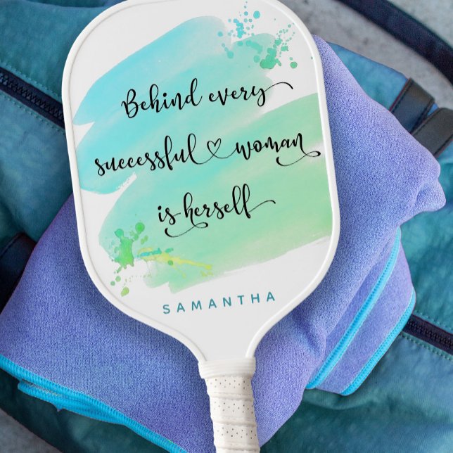 Successful Woman Quote Blue Watercolor Monogram Pickleball Paddle (Creator Uploaded)