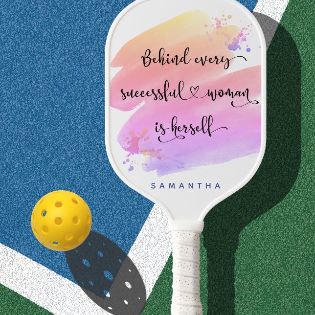 Successful Woman Quote Pink Watercolor Monogram Pickleball Paddle (Creator Uploaded)