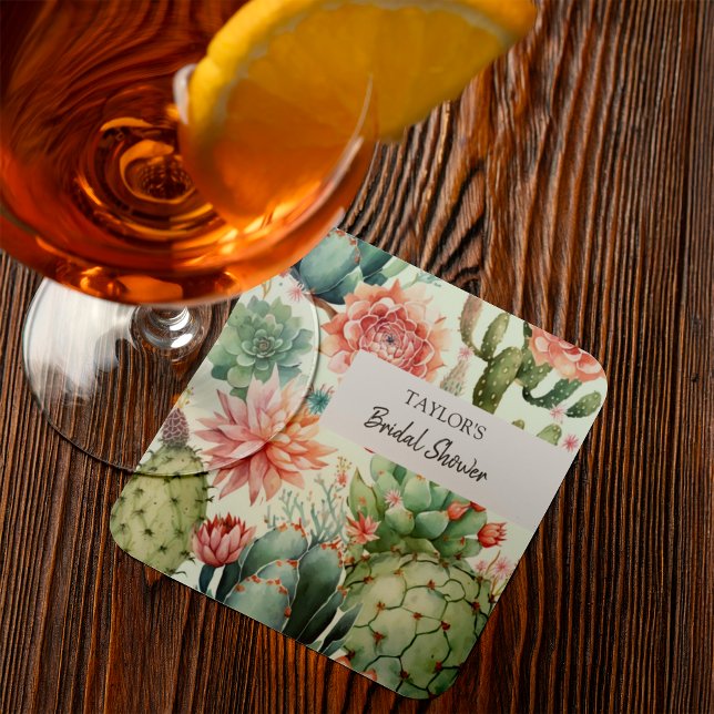 Succulent and Cactus Flowers Square Paper Coaster (This design, adorned with cactus flowers and succulents brings just the right touch.)