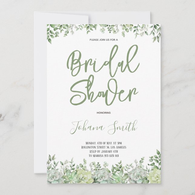 Succulent and Eucalyptus Greenery Bridal Shower In Invitation (Front)