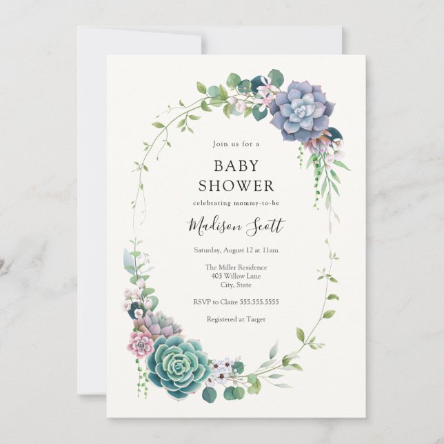 Succulent and Greenery Frame Baby Shower Invitation (Front)