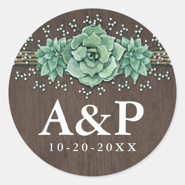Succulent Baby's Breath Rustic Wedding Favours Classic Round Sticker (Front)