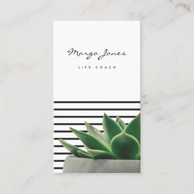 Succulent Black and White Stripes Business Card (Front)