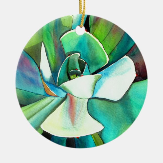 Succulent blue and green desert watercolour art ceramic ornament (Front)