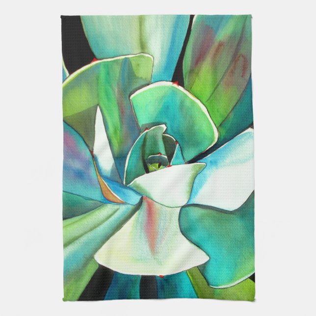 Succulent blue and green desert watercolour art kitchen towel (Vertical)