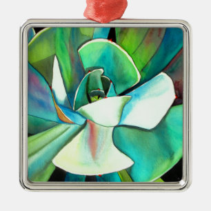 Succulent blue and green desert watercolour art metal ornament