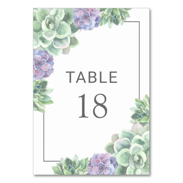 Succulent Botanical Green and Purple Frame Wedding Table Number (Front)
