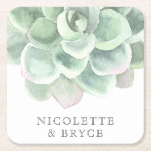 Succulent Botanical Sage Green Watercolor Wedding Square Paper Coaster