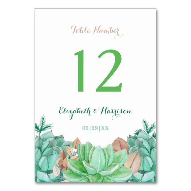 Succulent Bouquet Botanical Floral Wedding Table Number (Front)