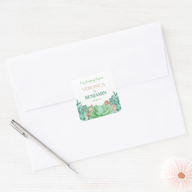 Succulent Bouquet Botanical Floral Wedding Thanks Square Sticker (Envelope)