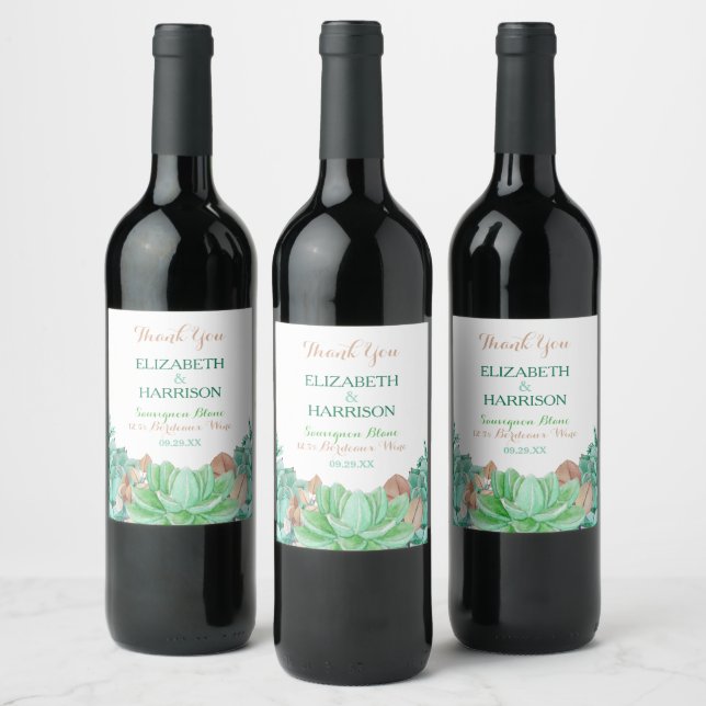 Succulent Bouquet Botanical Floral Wedding Wine Label (Bottles)