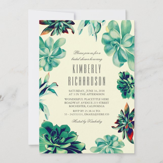 Succulent Bouquet - Floral Teal Bridal Shower Invitation (Front)