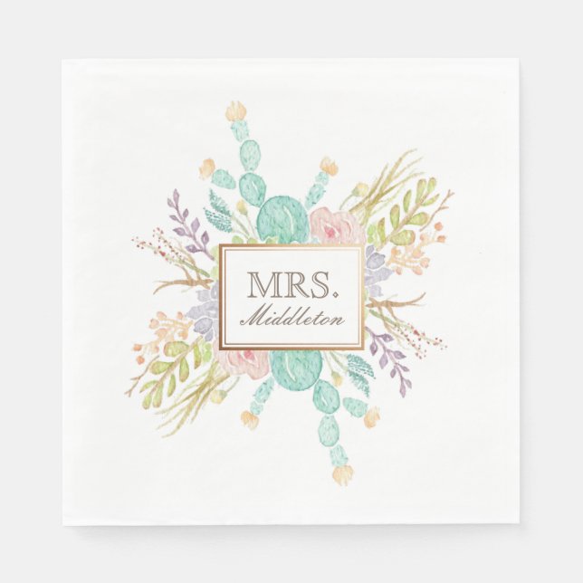 Succulent Bouquet Watercolor | Custom Name Napkin (Front)