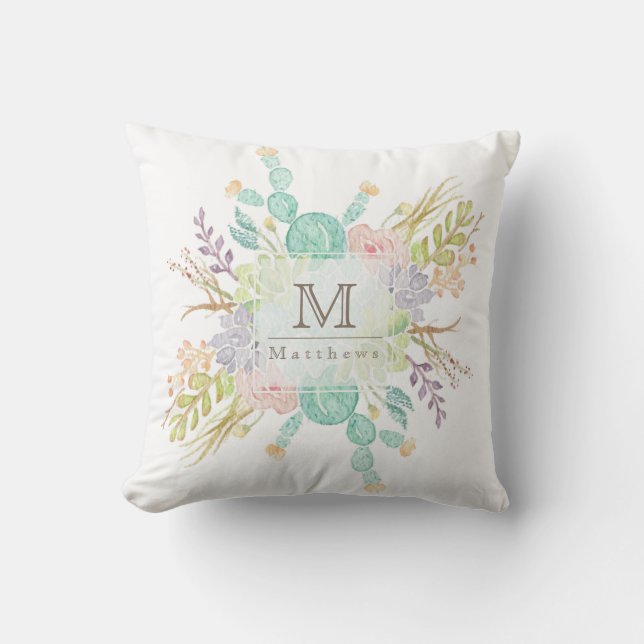 Succulent Bouquet Watercolor | Initial Throw Pillow (Front)