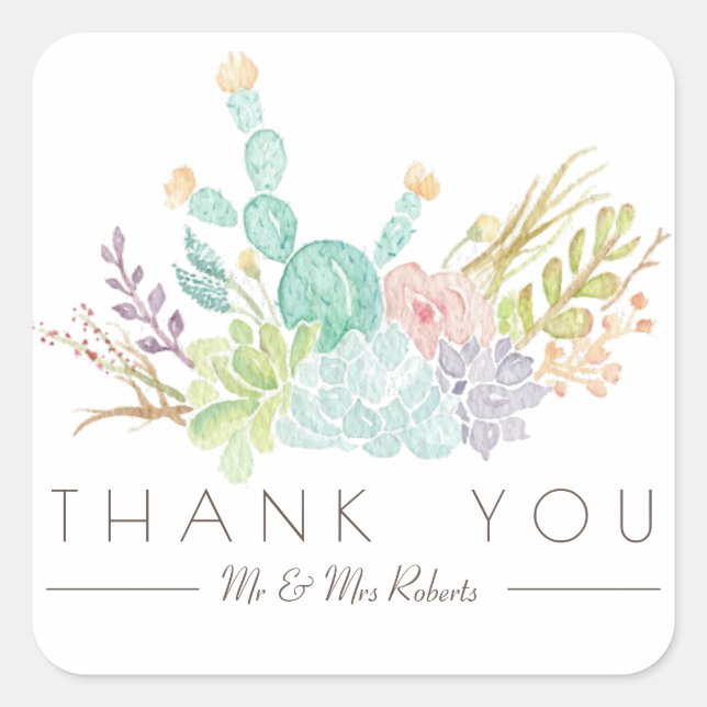 Succulent Bouquet Watercolor | Thank You Square Sticker (Front)