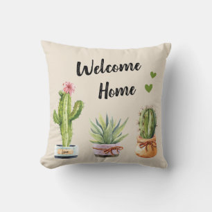 Succulent Cacti Green Cactus Gardener Welcome Home Throw Pillow